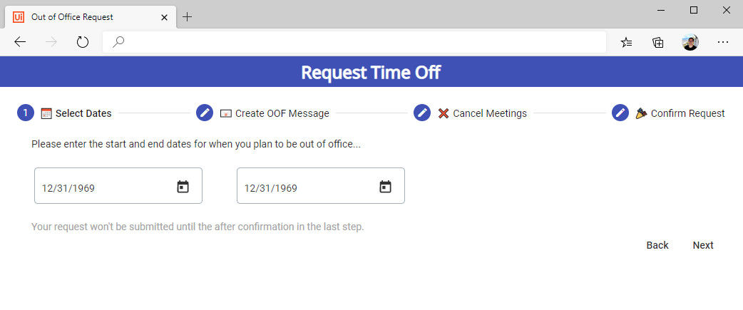 UiPath Apps request time off out of office request