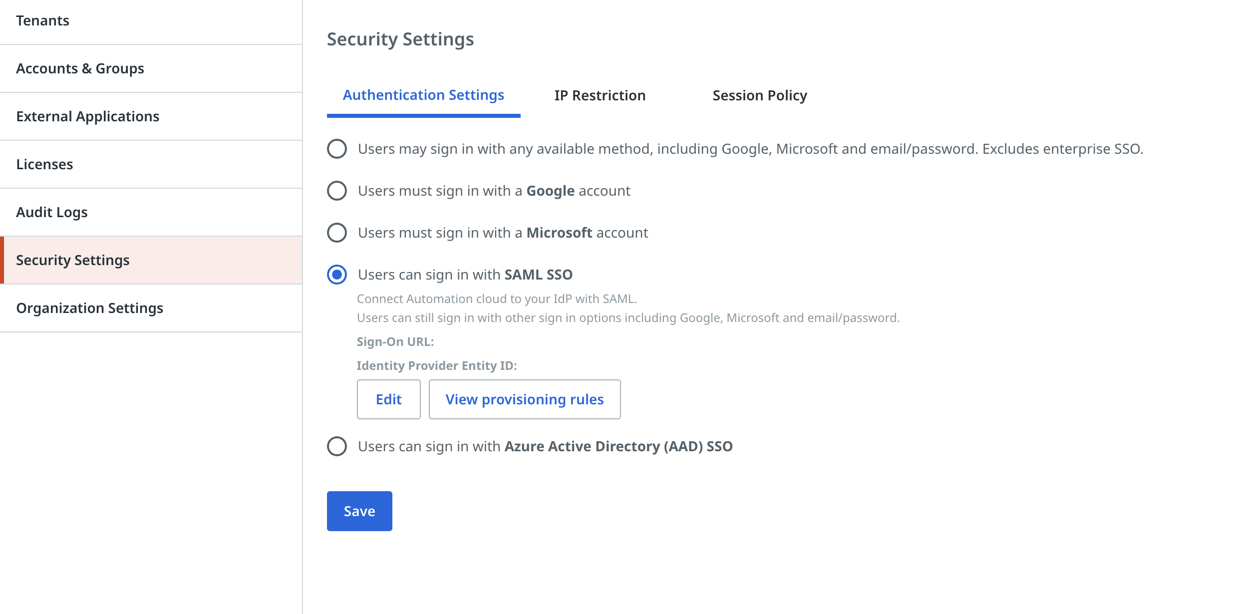 saml sso options uipath 2022.4 release