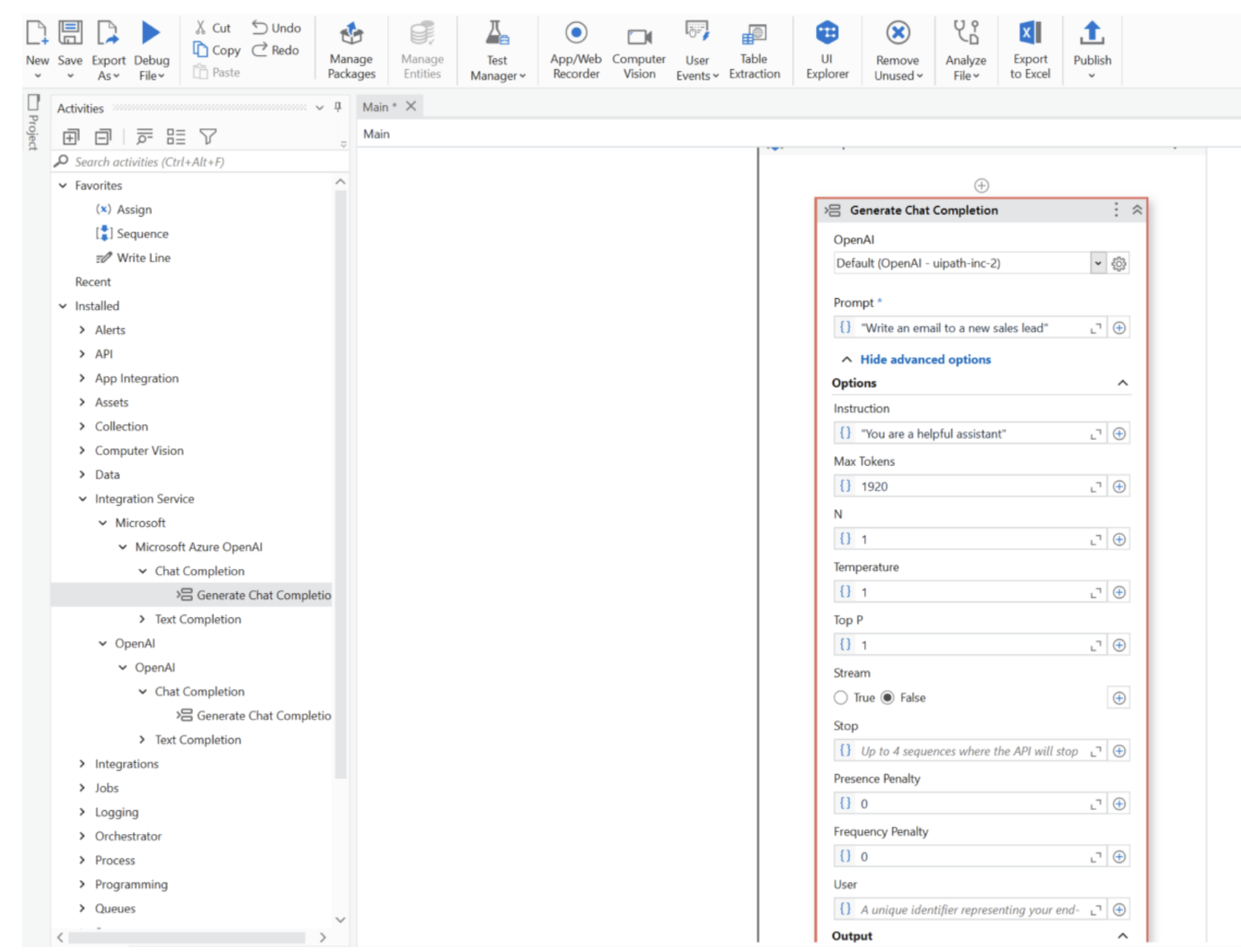 UiPath Studio text chat completion 2023.3