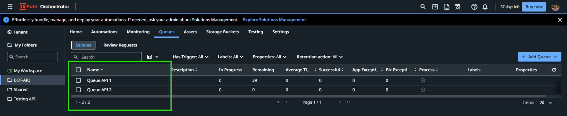 Image 12 “Queues in Folder BOT-AIQ UiPath Orchestrator”