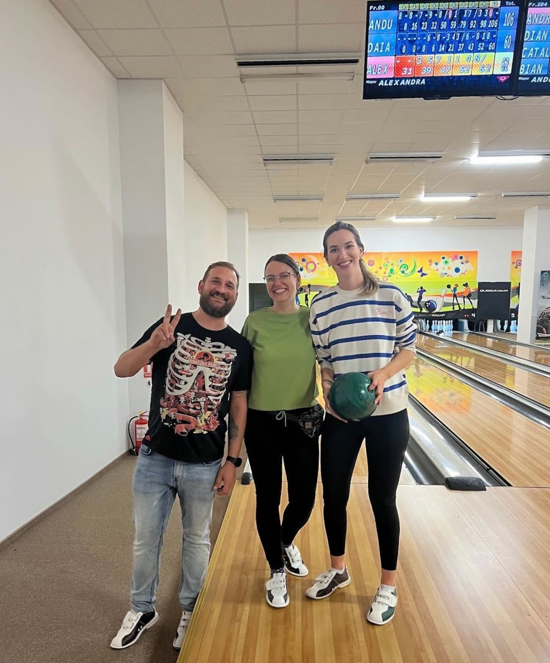 a group photo of the product localization team playing bowling