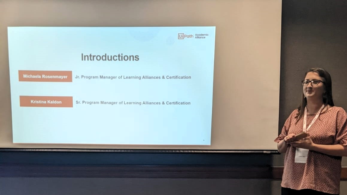 a photo of Michaela presenting at an Academic Alliance event