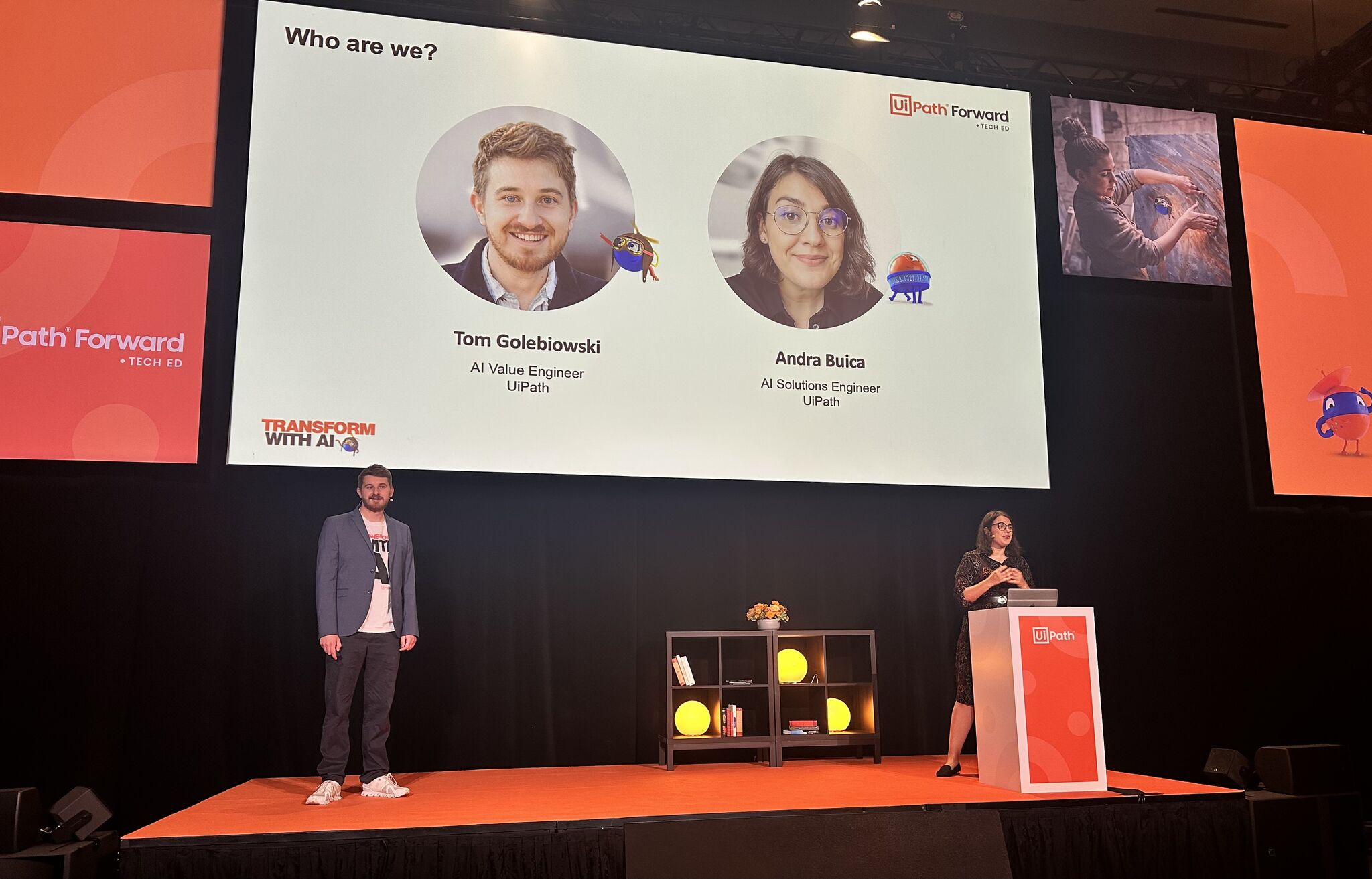 a photo of Andra Buica presenting on stage at FORWARD event by UiPath