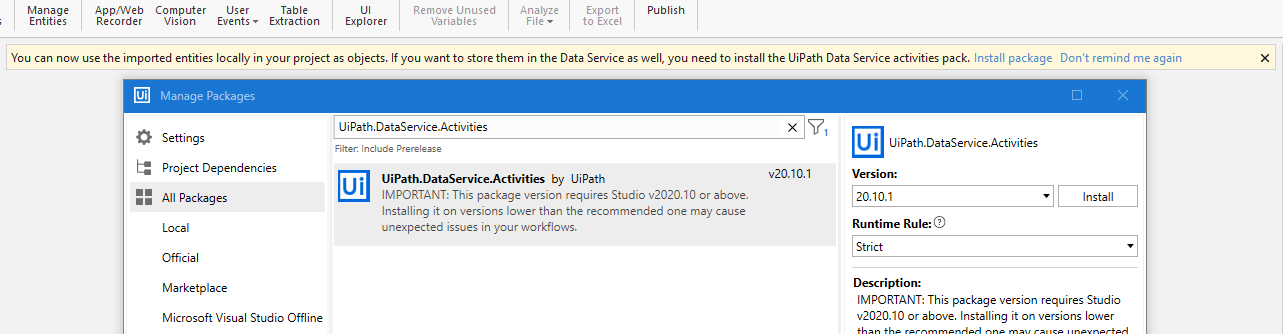 installation of the UiPath.DataService.Activities package