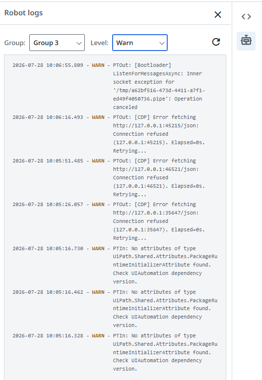 UiPath Test Cloud robot logs panel