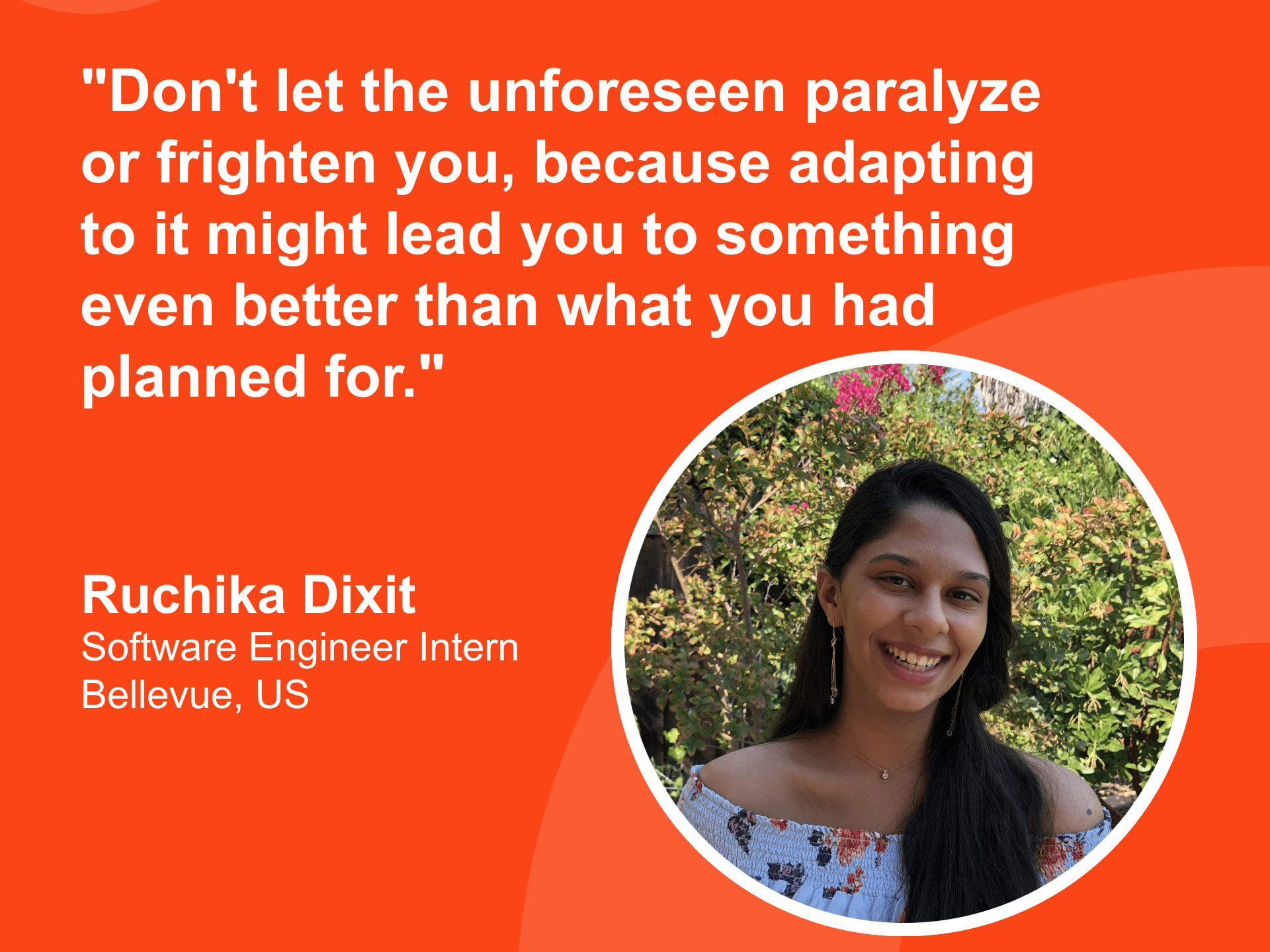 A picture containing Ruchika Dixit's headshot and one of her quotes