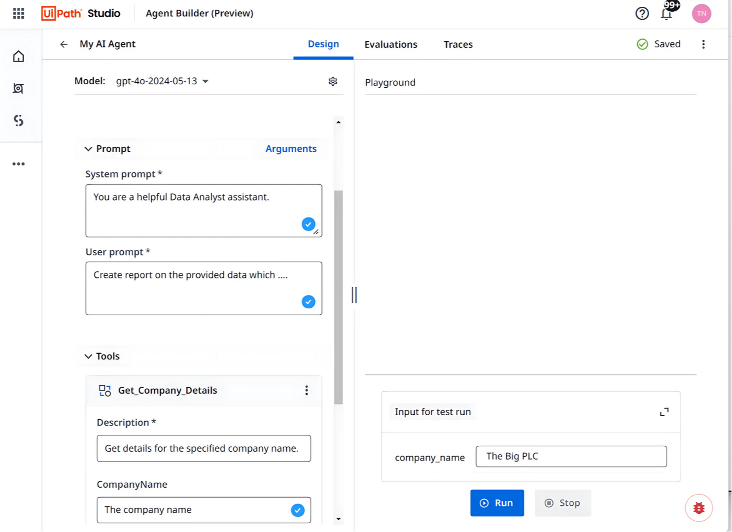  UiPath Agent Builder Studio showcasing a process that includes prompts, tools and a playground. 