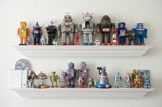shelves of robots