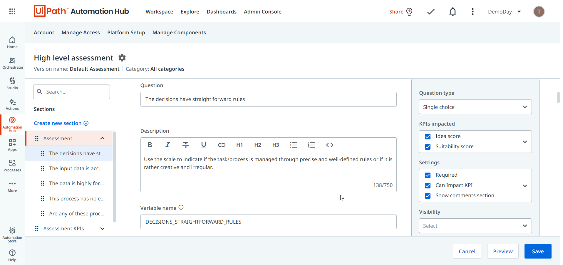 uipath automation hub new assessment customization experience march 2022