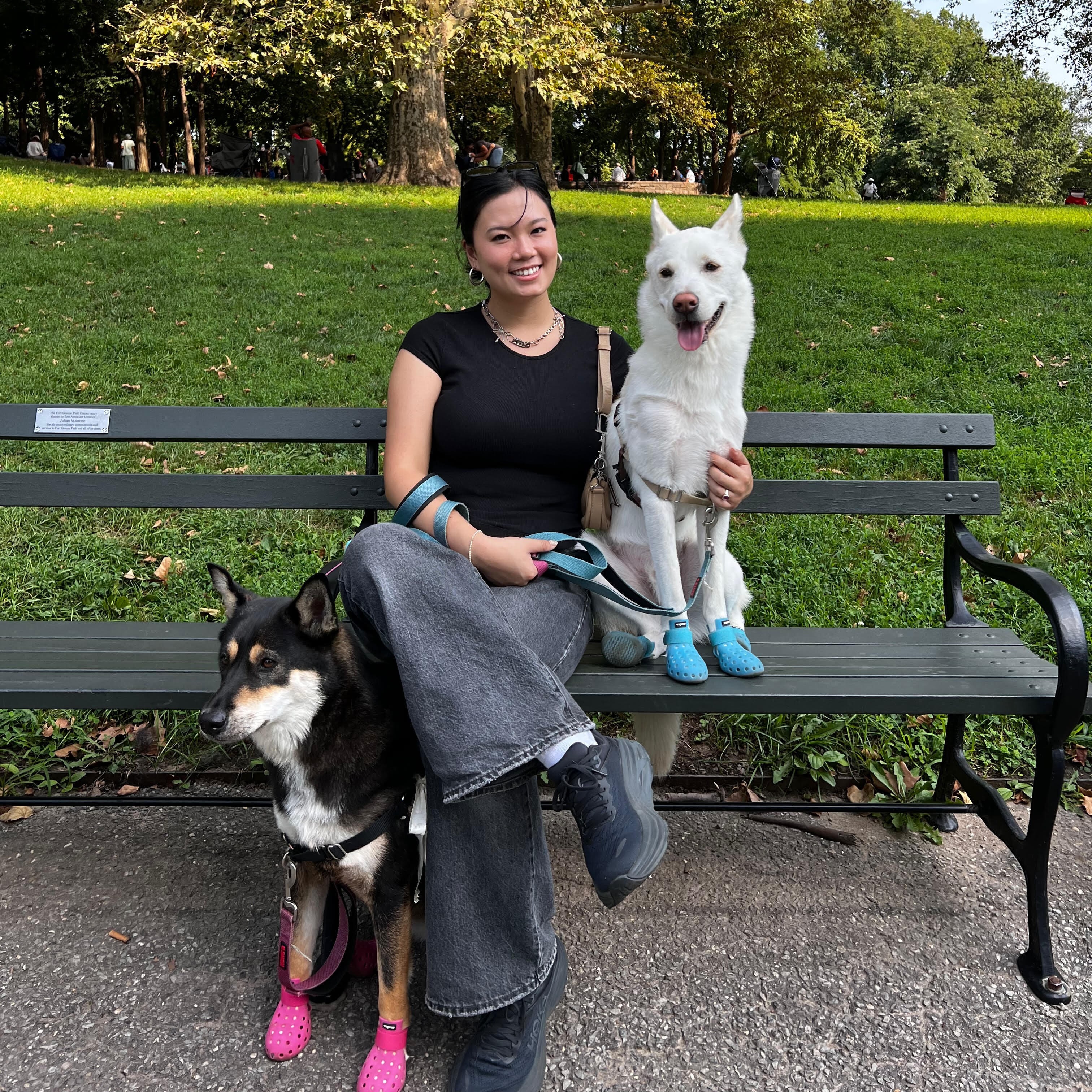 A photo of Yuri Yim and her dogs in a park