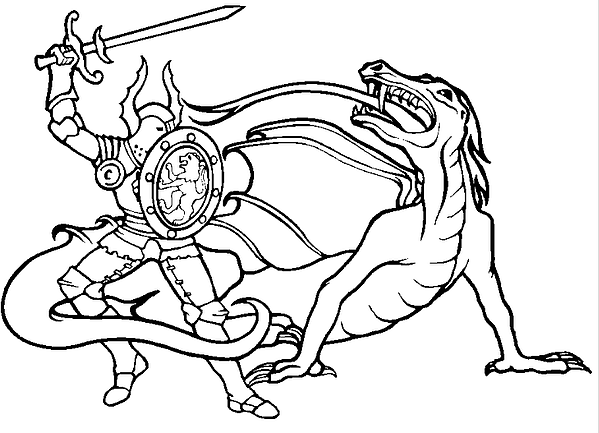 a drawing of a knight fighting a dragon