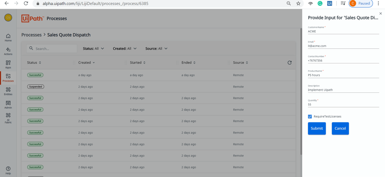 uipath action center processes