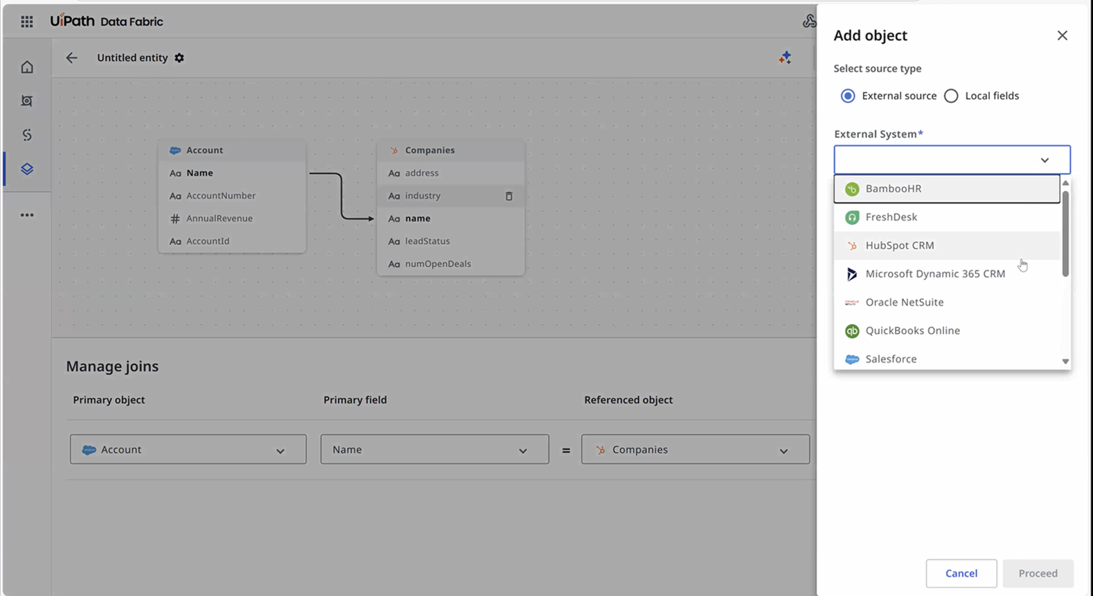 UiPath Data Fabric Purchase Order add object screenshot