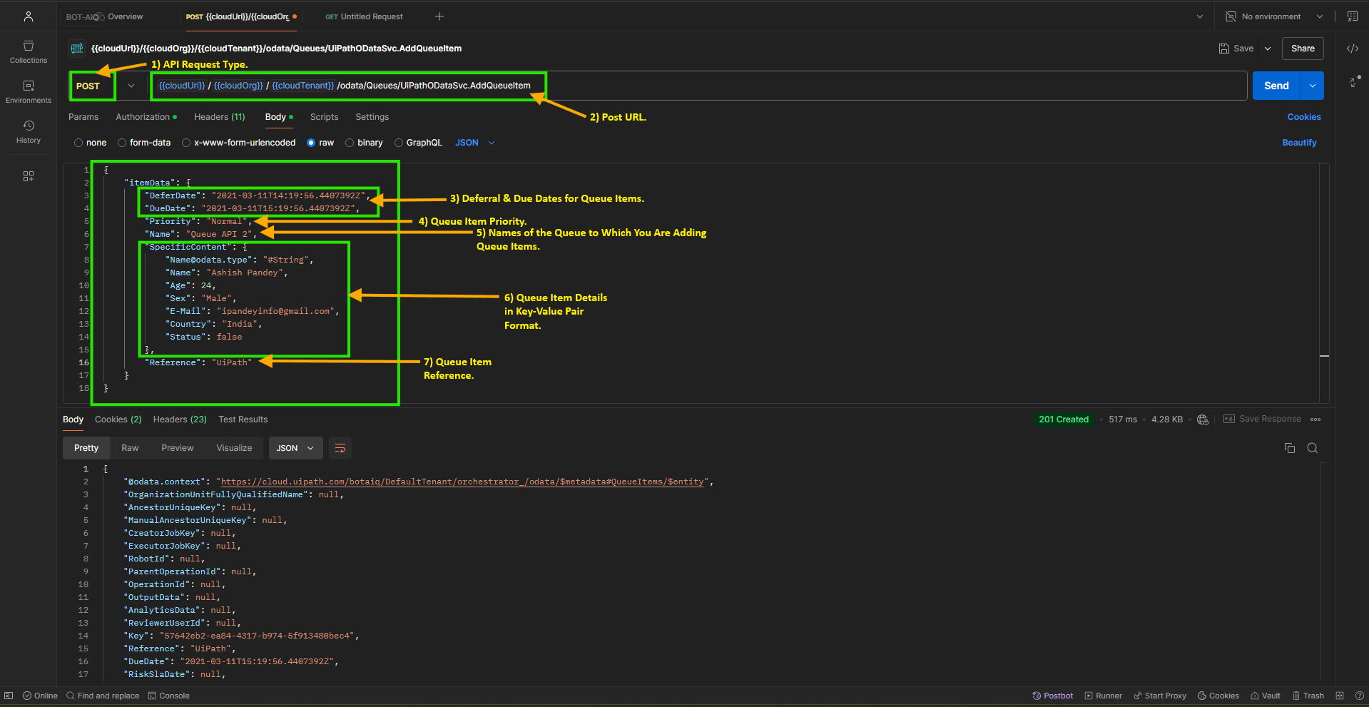 Image 15“Execution Details Format in Postman Create New Queue Item”