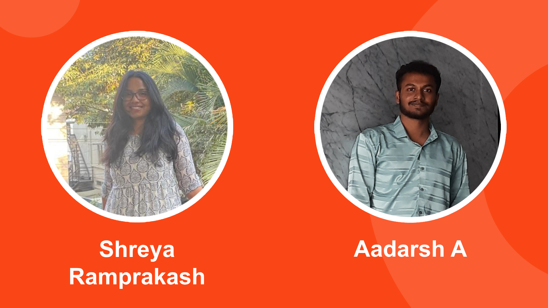 A collage of Shreya Ramprakash and Aadarsh A, RPA Developer Interns, Bangalore, India, 2023, on an orange background