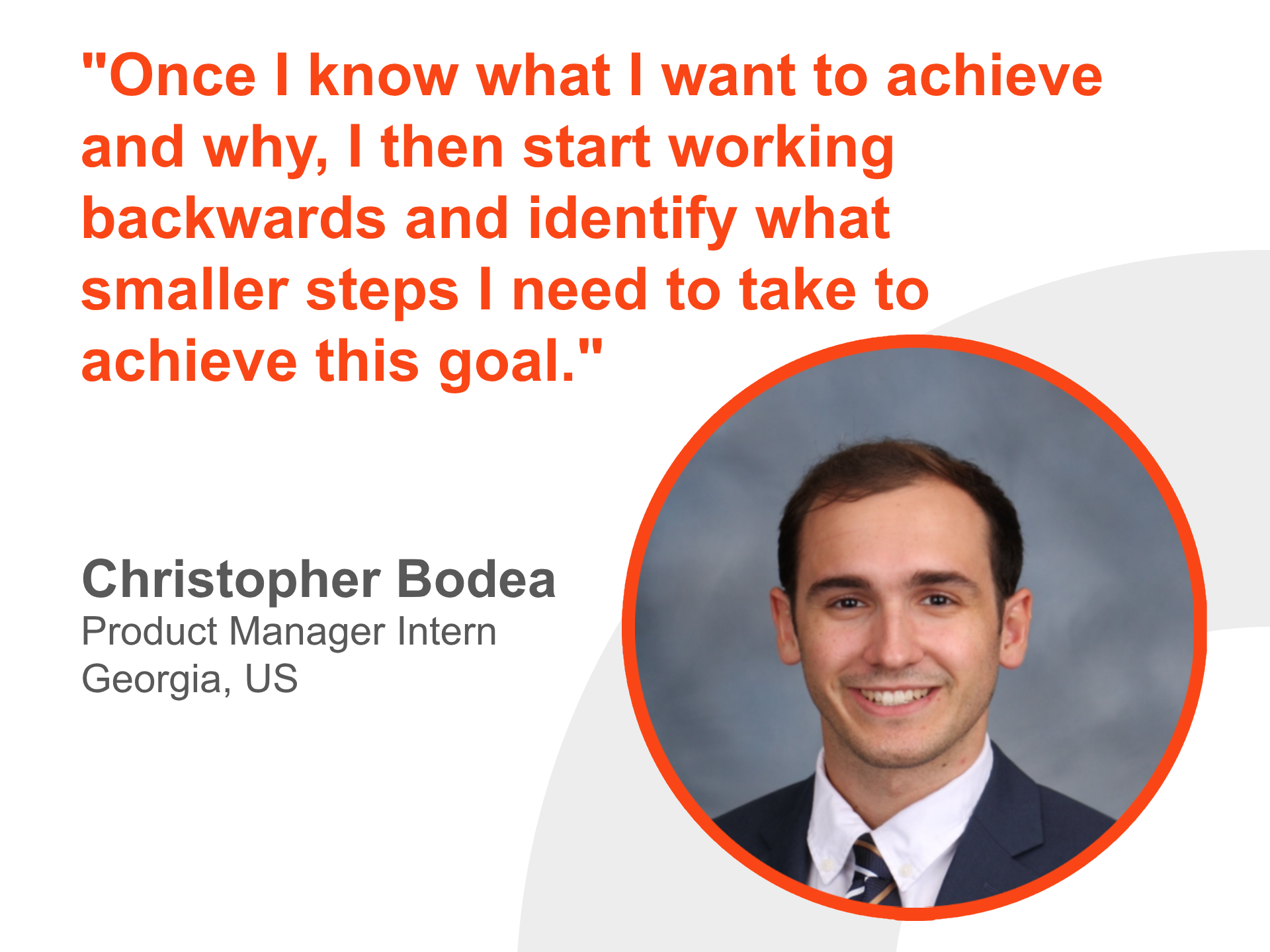 A picture containing Christopher Bodea's headshot and one of his quotes