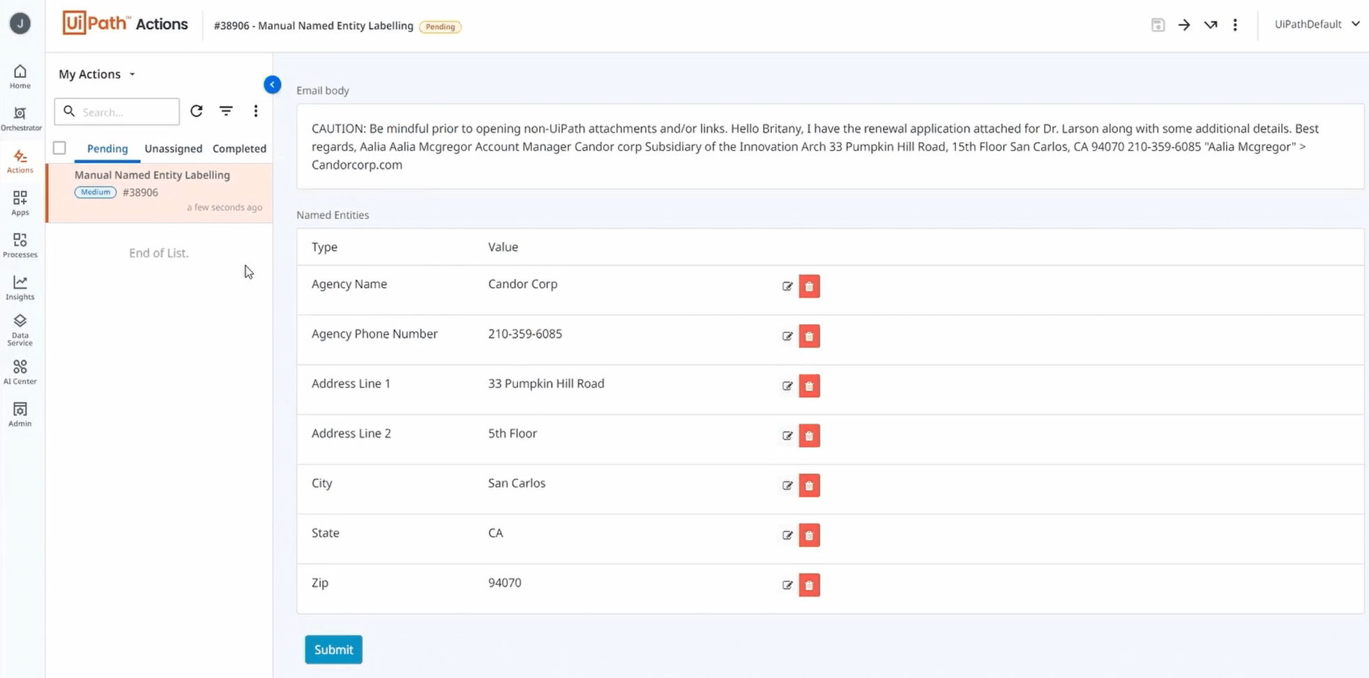 uipath ai center manual named entity labeling example