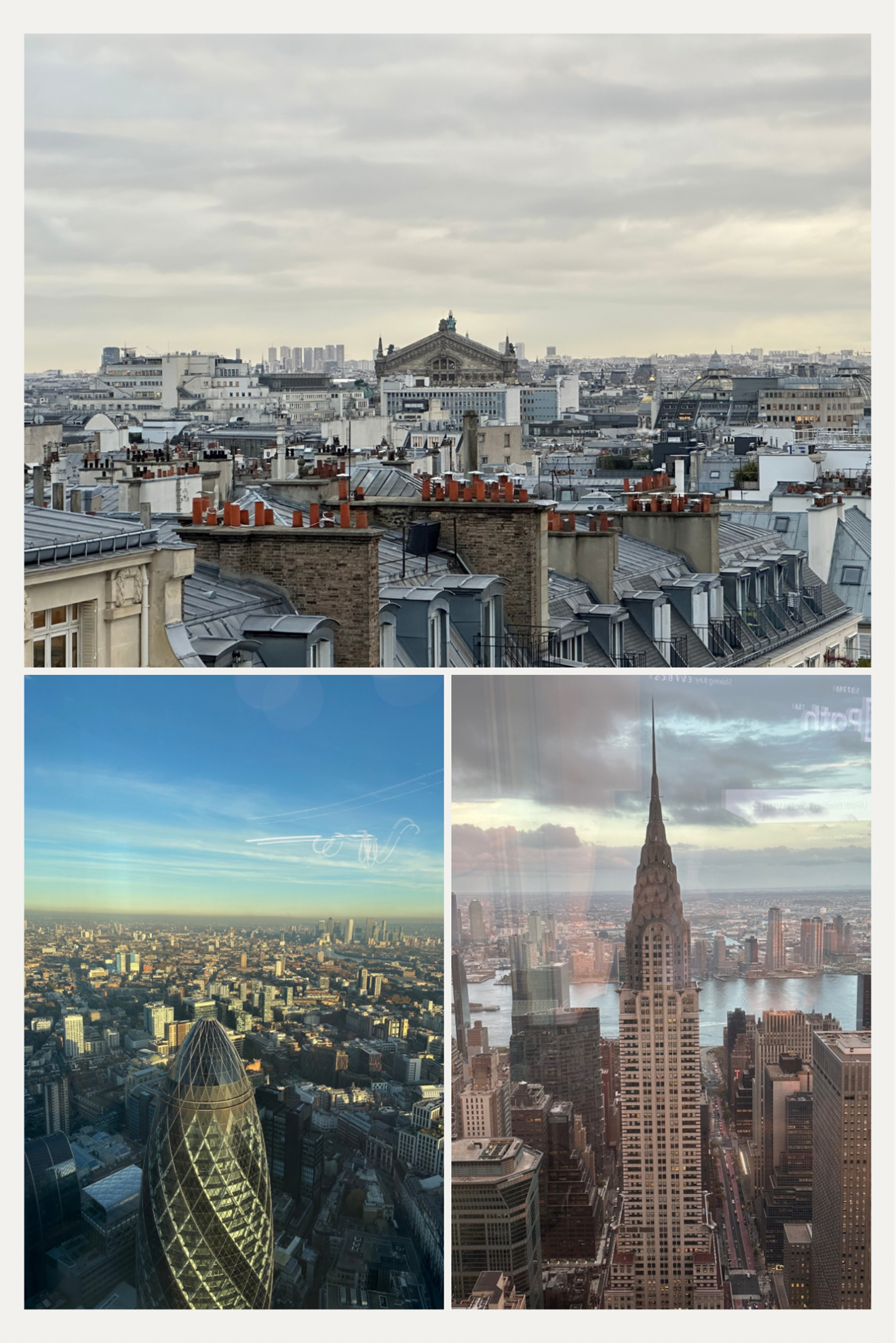 Collage of cityscapes: top shows Paris rooftops, bottom left shows London with the Gherkin, and bottom right shows New York with the Chrysler Building.