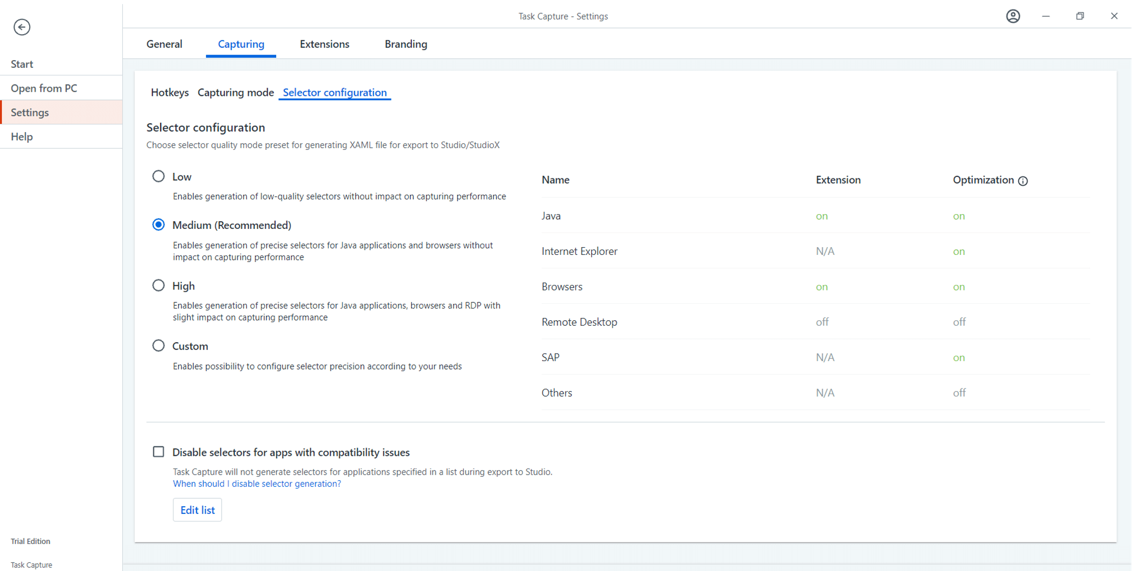 uipath task capture selector configurations modes