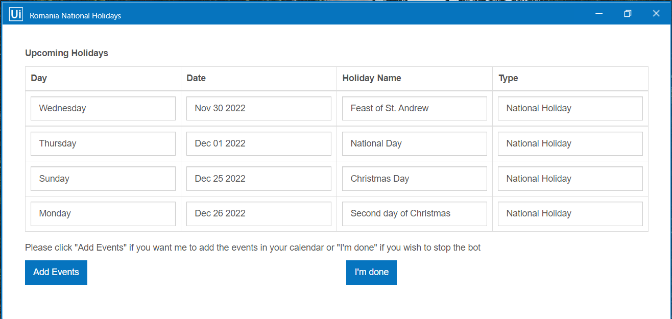 UiPath automation CoE created Get International Holidays robot