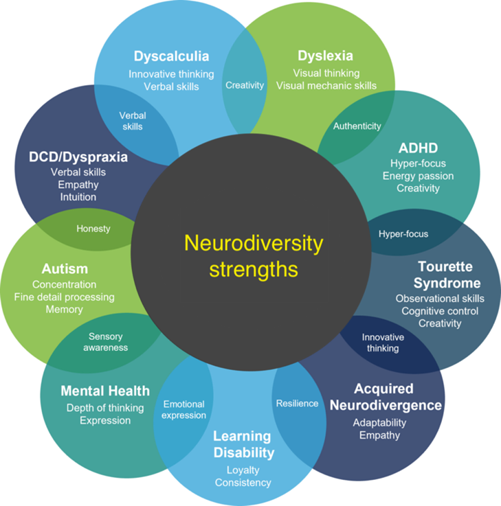 a diagram offering common examples of neurodiversity in a simplified manner. Individual experiences, overlaps and abilities vary significantly.