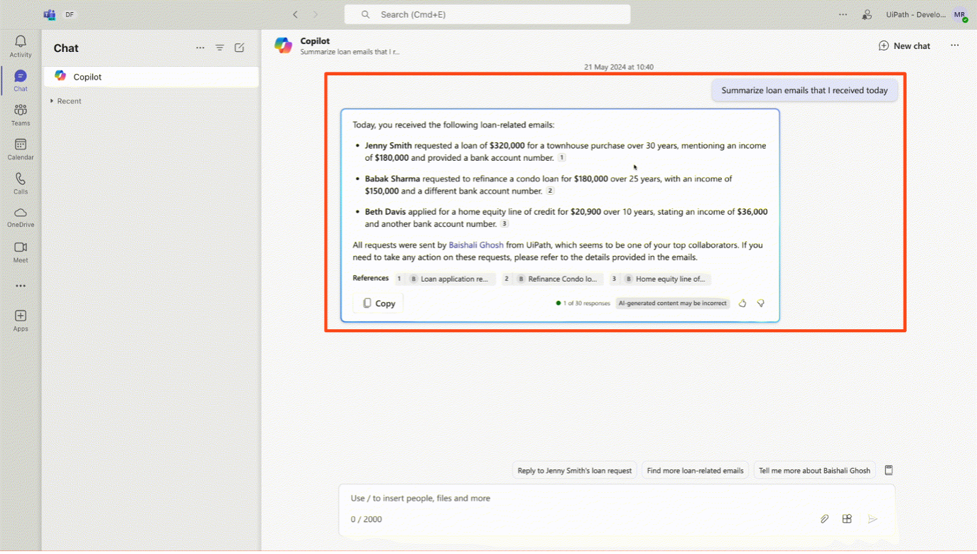 Ảnh chụp màn hình tích hợp UiPath Autopilot Microsoft Copilot