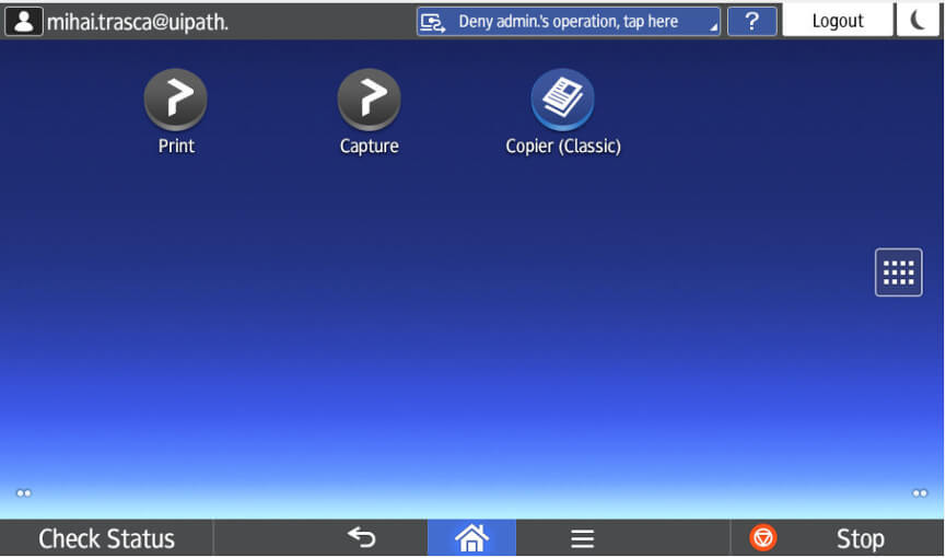 Scan your card/token on the reader and you will get to a screen with the Print, Capture and Copier apps.