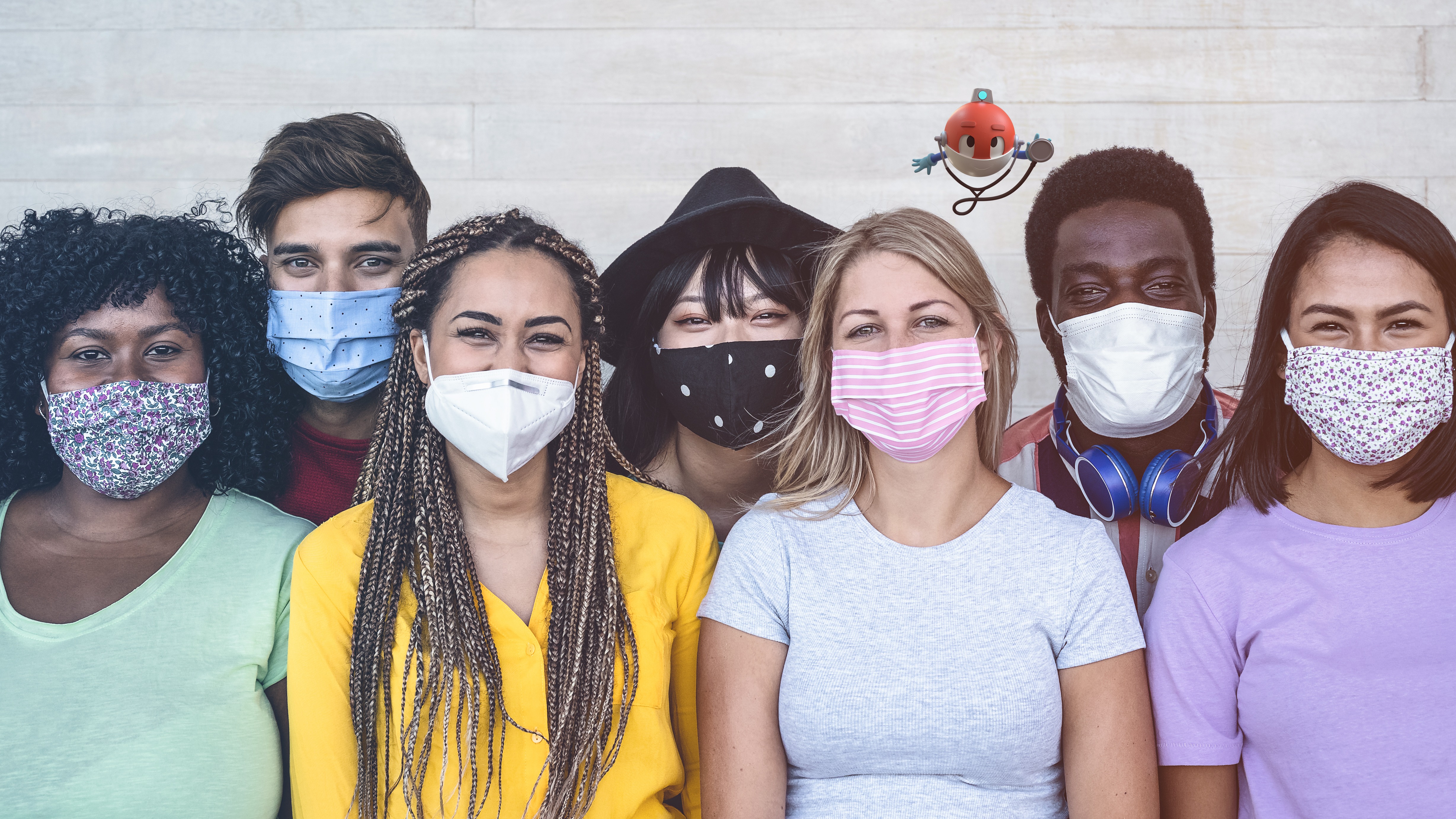 a group of people facing the camera and wearing face masks for protection
