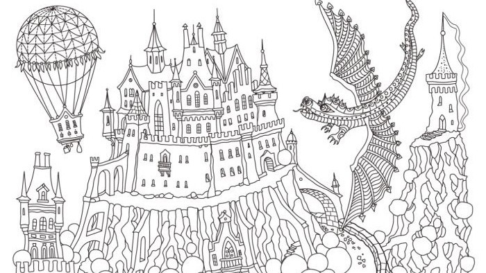a drawing of a dragon and a castle