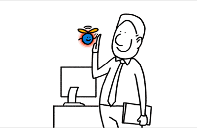 smiling man standing by a desk with robot illustration